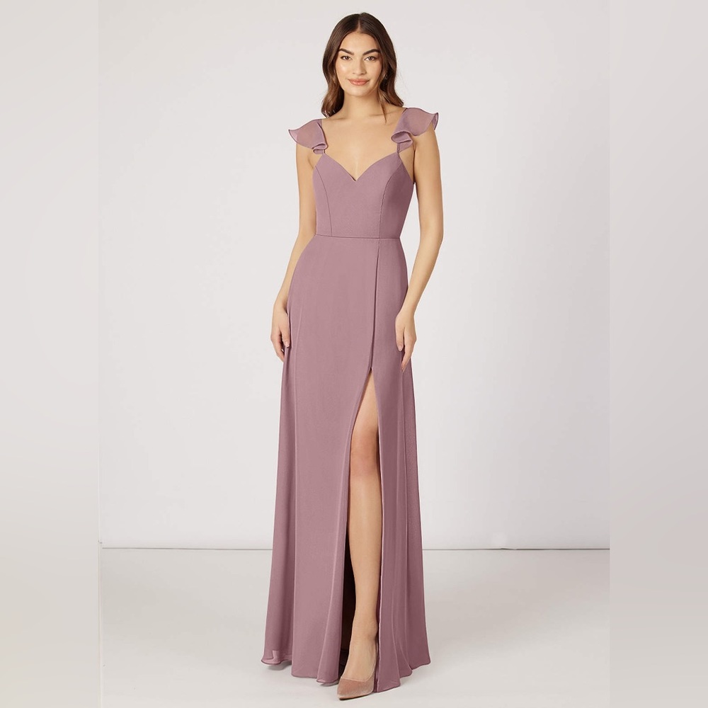Azazie Mauve Ruffled Strap V-Neck Slit Evening Gown